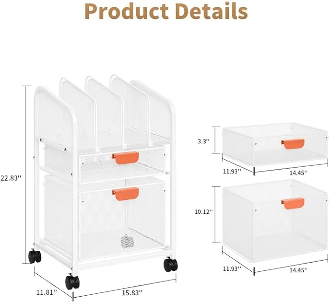Marbrasse Rolling File Cart with Adjustable Dividers, Mobile File Cabinet on Lockable Wheels, Office Filing Cabinet Organizer, Hanging File Folder Organizer for Home Office - White