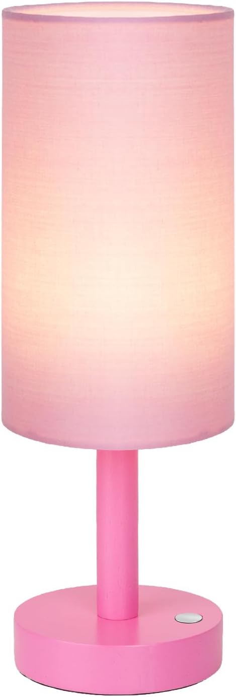 LALISU Small Table Lamp Nightstand Lamp Linen Lampshade Bedroom Wood Base Small Bedside Lamp for Night Stands, Desk Lamps for Reading Living Room, Office (LED Bulb Included) (Pink)
