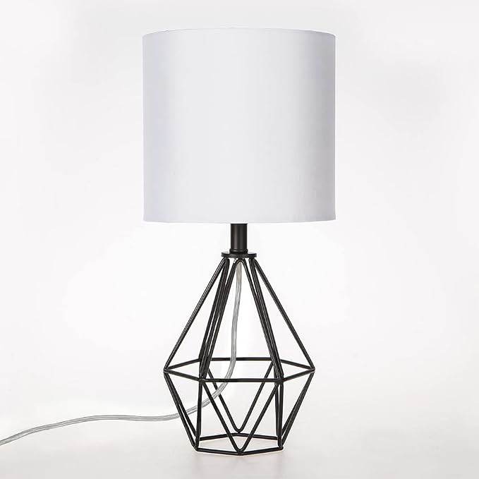 Black Bedside Table Lamp,Small Nightstand Lamp for Bedroom,Modern Desk Lamp with TC Fabric Shade Geometric Metal Base for Living Room Study Office Farmhouse