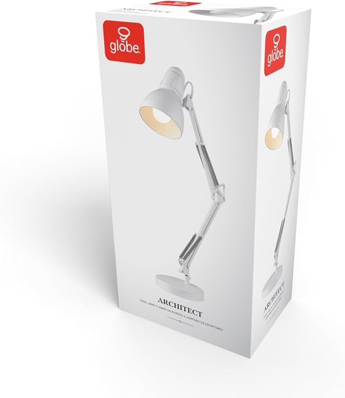 GLOBE Electric 52024 28" Swing Arm Architect Desk Lamp, Matte White, Rotary Switch on Shade, Partially Adjustable Arm, Modern Lighting for Bedroom or Office, Timeless, Indoor Lights(Pack of 2)