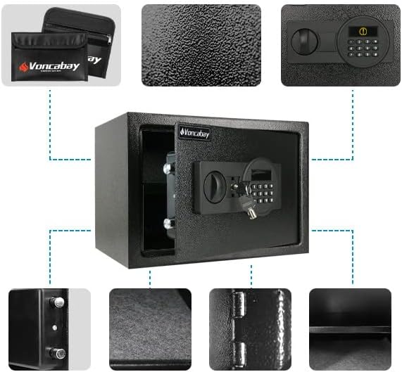 Voncabay Money Safe Box for Home with Sensor Light & Fireproof Money Bag - 0.8 Cubic Feet Security Safe Box with Digital Keypad, Keys & Pass Code Lock Black