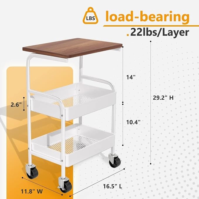 Rolling Cart with Wooden Tabletop, 3 Tier Metal Utility Cart, Rolling Storage Organizer Cart with Lockable Wheels for Kitchen, Office, Bedroom (White)