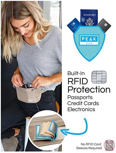 Peak Gear Travel Money Belt. Premium Quality Travel Wallet with RFID Blocking Fabric to Protect Credit Cards, Passports and Documents. Exclusive Theft Protection and 2 Recovery Tags | Black