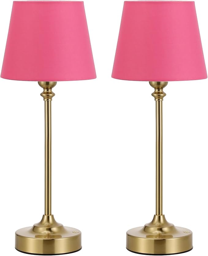 Cordless Table Lamps Rechargeable Set - 2 Pack Brass 4000mAH Battery Operated Lamps for Decor, 3000K Stepless Dimming Touch Control Wireless Lamps for Bedroom, Dining Table, Living Room, Rose Shade