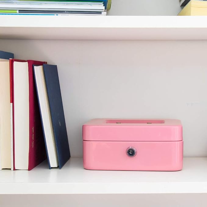 Kyodoled Medium Cash Box with Money Tray,Small Safe Lock Box with Key, Drawer,7.87"x 6.30"x 3.54" Pink