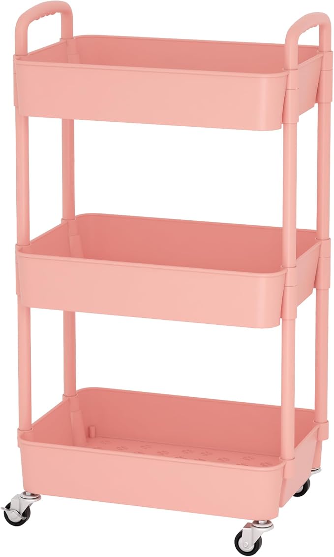 Sywhitta 3-Tier Plastic Rolling Utility Cart with Handle, Multi-Functional Storage Trolley for Office, Living Room, Kitchen, Movable Storage Organizer with Wheels, Pink | Multi-Functional Storage Trolley, for Office, Living Room, Kitchen, Bathroom,Mova...