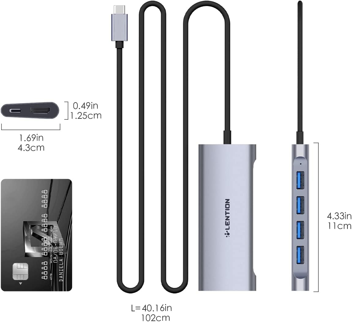 LENTION 3.3FT Long Cable USB C Multiport Hub with 4K HDMI, 4 USB 3.0, Type C Charging Compatible 2024-2016 MacBook Pro, New Mac Air/iMac/Mac Mini, More, Stable Driver Adapter (C35-1M, Space Gray)