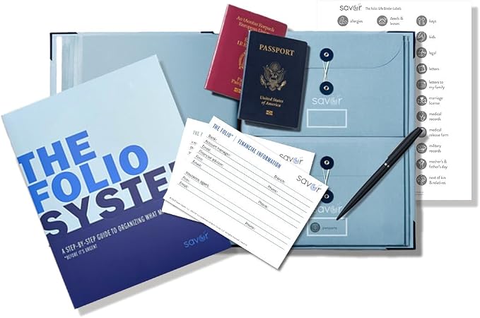 Savor Important Document Organizer for Estate Planning, End of Life Planner | Folio, 100-page Guidebook, 15 Essential Questions, Conversation Starters, 55 Ilustrated Labels, Emergency Information Cards