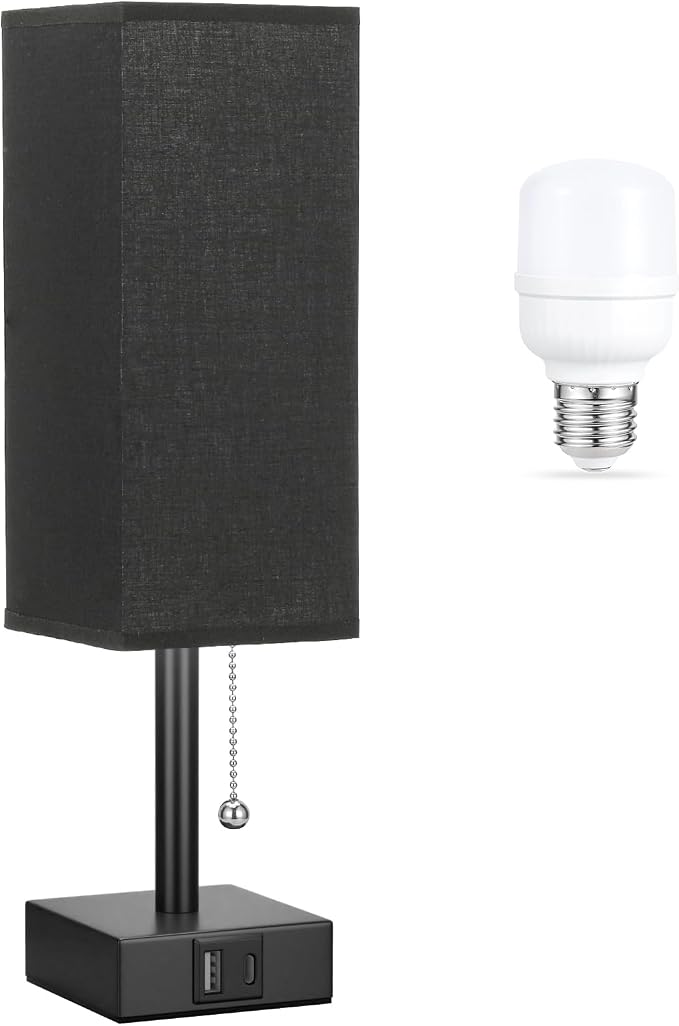 Black Small Table Lamp for Bedroom - 3 Color Temperature 3000K 5000K 4000K Bedside Lamp, Pull Chain Control, USB A and C Charging Ports, Black Base, for Kids Office Dorm Nightstand, Bulb Included | Pull Chain Lamp, 3 Color Modes(3000K/4000K/5000K), E26...