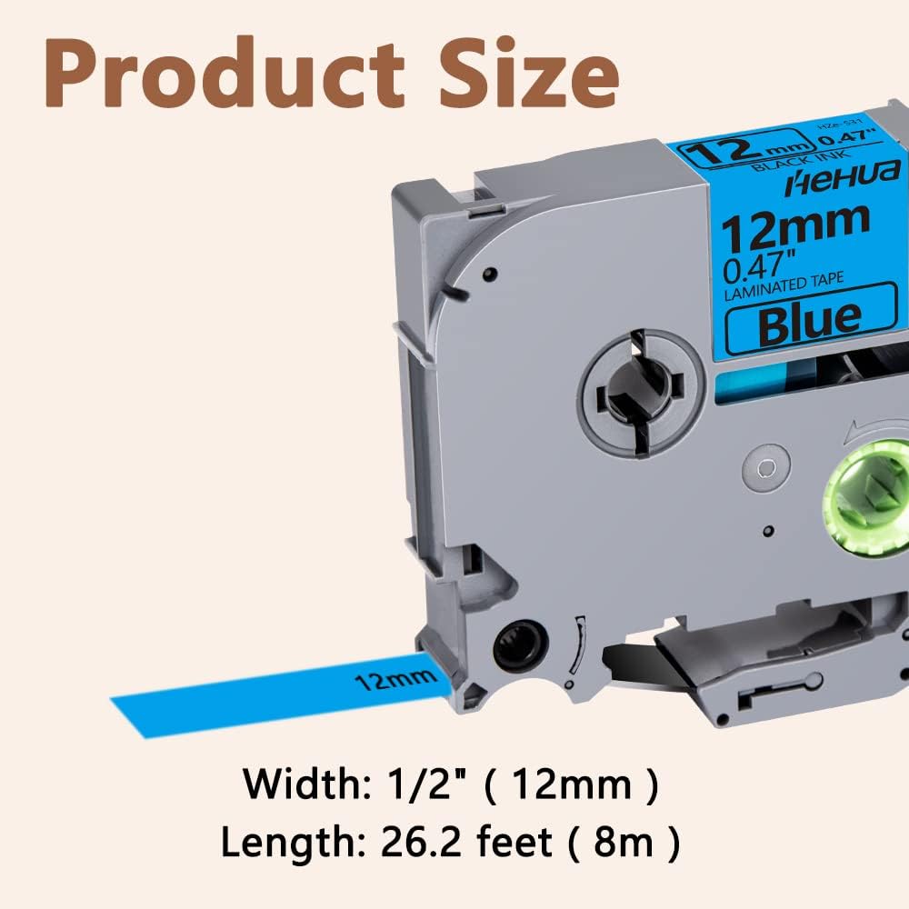 Hehua Tape Tze Tz 12mm 0.47 Laminated Blue Compatible for Brother P-Touch TZe-531 TZe531 TZ-531 TZ531 Tape for Ptouch PT D210 D200 D210 D610 H110, 1/2'' x 26.2ft Black on Blue, 3 Pack