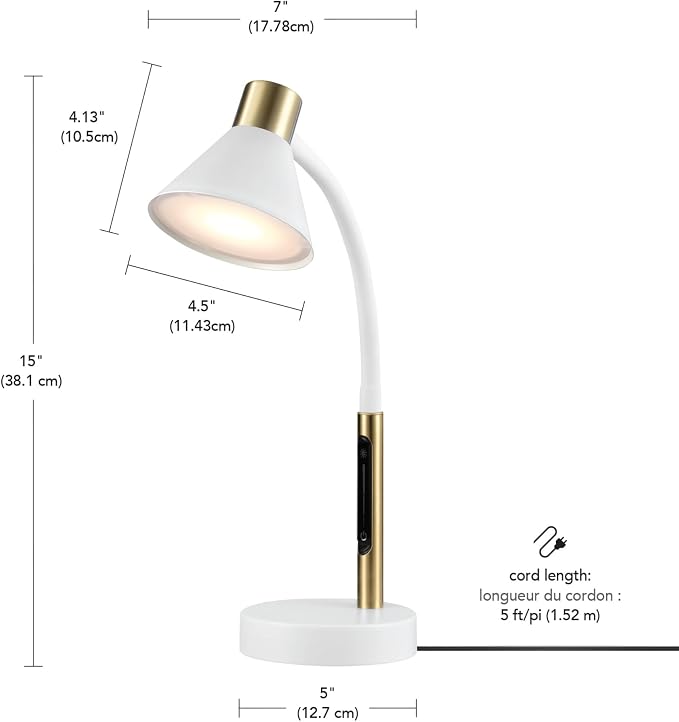 Globe Electric 15" LED Integrated Matte White Desk Lamp with Matte Brass Accent and Adjustable Silicone Gooseneck