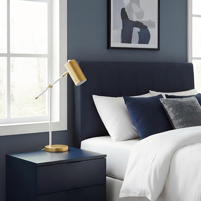 Modern White and Gold Desk Lamp with Type C Charging Port, Minimalist Industrial Table Lamp with Swing Arm, for Study Room Home Office Bedroom Bedside Nightstand