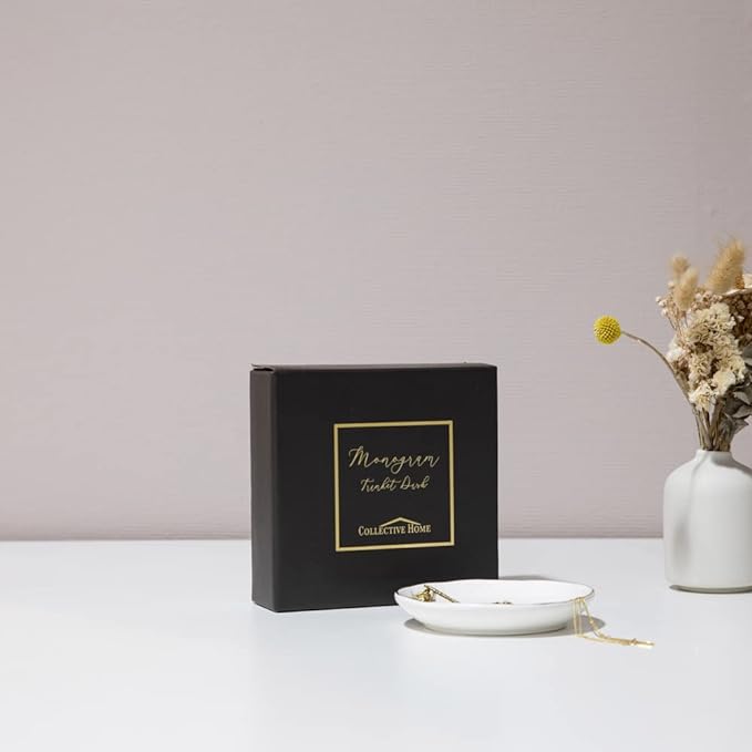 COLLECTIVE HOME Ceramic Jewelry Tray, Trinket Dish, Gifts for Women (C) | Mother's Day, Birthday, Christmas, Engagement Gifts, Vanity, Nightstand Decor, Embossed Gold Monogram Ring Dish with Gift Box