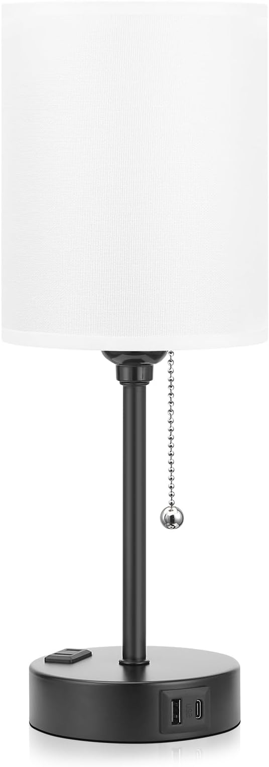 Dicoool Bedside Table Lamp for Bedroom - Small Desk Lamp with USB Ports | USB A+C Ports, AC Outlet, 3 Color Temperatures, LED Bulb Included, White Fabric Shade, Black Metal Base, 14" Nightstand lamp