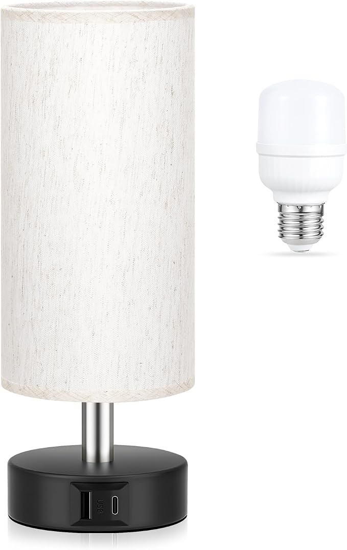 Small Table Lamp for Bedroom - Touch Control Lamp with 3 Way Dimmable | LED Bulb Included | USB C and A Ports | Cream Shade and Black Base | Bedside Lamp for Nightstand