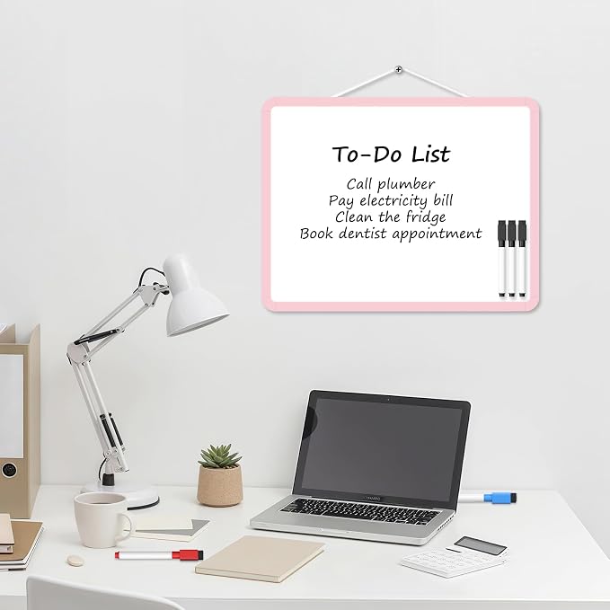 Small Wall White Board, 11" x 14" Mini Double-Sided Magnetic Dry Erase Board with Plastic Frame, Hanging Whiteboard with 5 Markers for Kids Students School Kitchen Home & Office, Pink