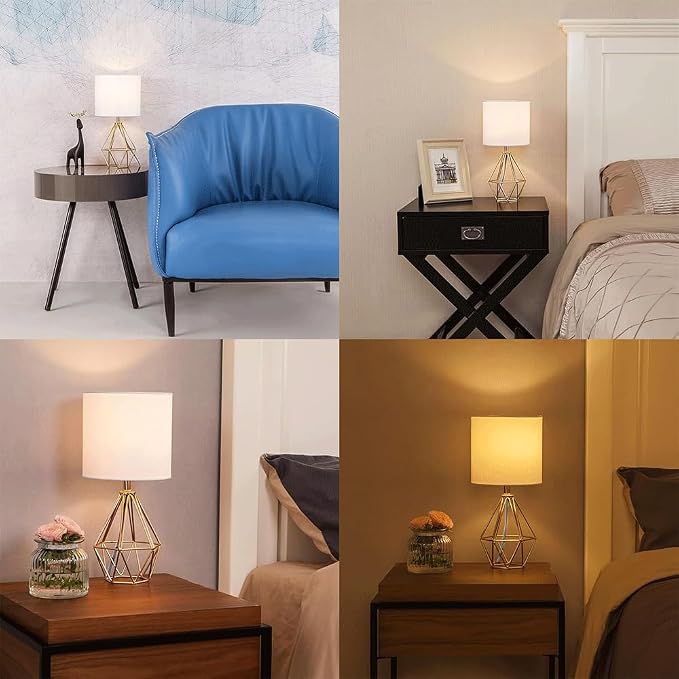Gold Modern Hollow Out Base Bedroom Small Table Lamp,Bedside Nightstand Lamp with Geometric Metal Base White Fabric Shade,Cute Desk Lamp for Kids Living Room