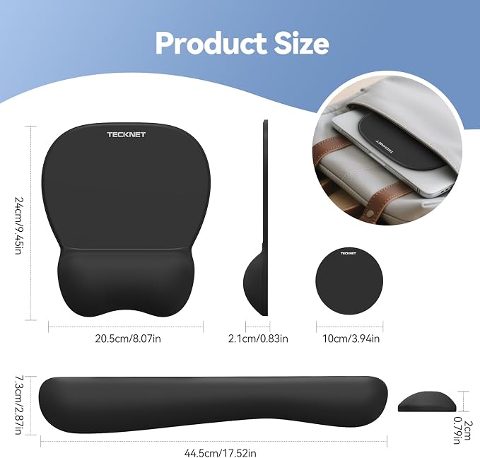 TECKNET Gel Ergonomic Mouse Pad & Keyboard Wrist Rest & Coaster | 3 in 1 Set, Pain Relief, Milk Silk Cloth, Non-Slip PU Base, Easy Typing, Memory Foam Wrist Support for Office & Home