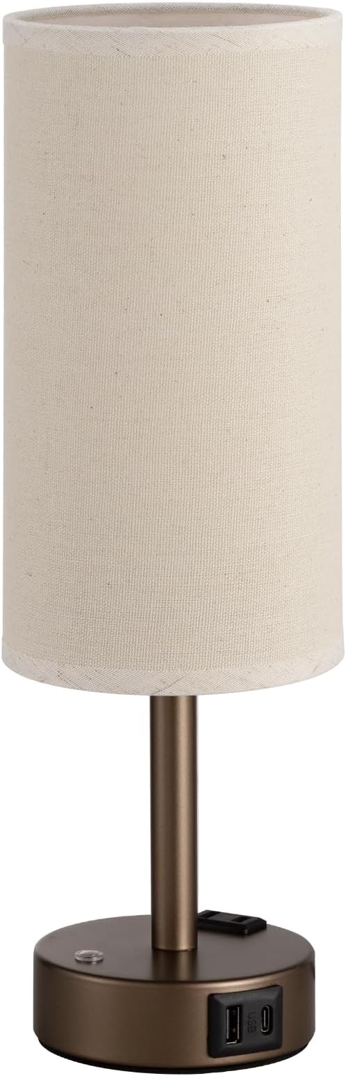 Brown Touch Bedside Lamp for Bedroom, Stepless Dimmable, USB A+C, AC Outlet | Base Touch Button Only, Memory Brightness, Ultra-dim Night Light, Included Bulb for Optimal Dimming, Beige Fabric Shade, Desk