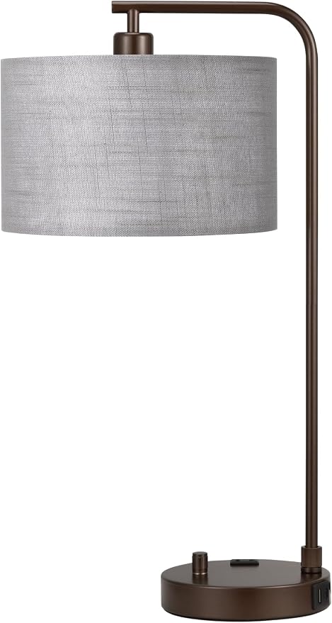 Innqoo Grey Tall Lamp for Bedroom with USB Port and Outlet, Dimmable Nightstand Bedside Lamps with Linen Lampshade, Desk Lamp for Home Office, Living Room, Guest Room, LED Bulb Included