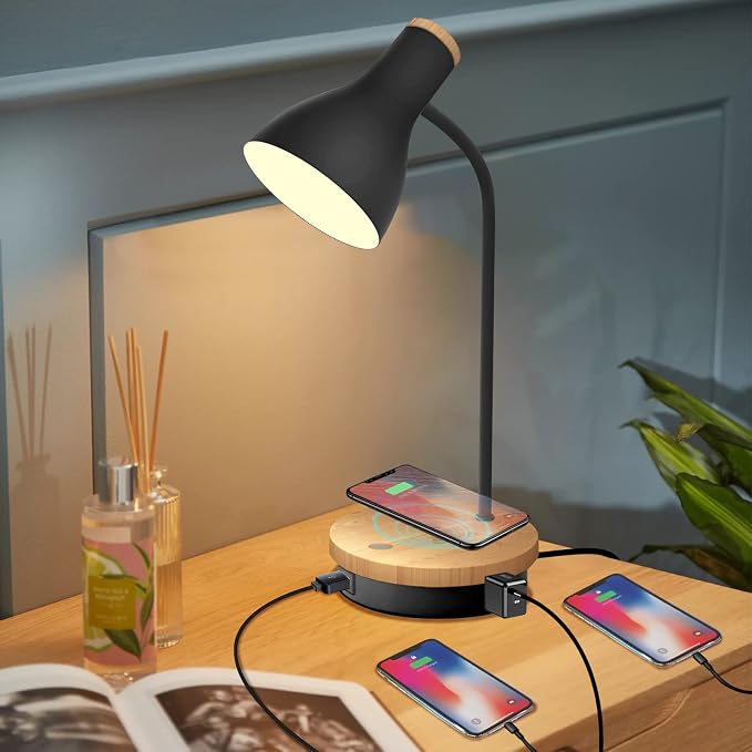 LALISU Metal Desk Lamp Wireless Charging Table Lamp Touch Reading Lights Arc Desk Lamps for Bedroom, 3 Way Dimmable Bedside Lamp with USB Charging Ports Lamp for Study Room and Office (Black)