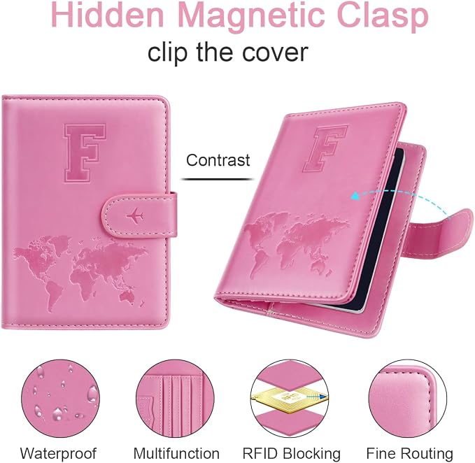 Passport Holder Cover Initial Letter A-Z Travel Wallet Personalized | Travel Essentials, Embossed Design, RFID Blocking, Personalized Gift, Passport Book Holders for Women Girls, Pink-F