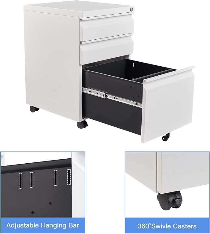 3 Drawer Mobile File Cabinet with Lock, White Under Desk Rolling Filing Cabinet, Metal Locking File Cabinet on Wheels for Legal/Letter/A4 File (Required Assemble)