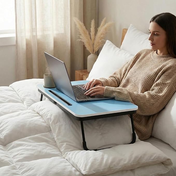 BUYIFY 23.4" Foldable Lap Desk Bed Table with Cup Holder Tray Blue | Portable Folds Flat for Easy Storage, No Assembly Laptop Bed Desk, Sturdy and Lightweight, Patent Design