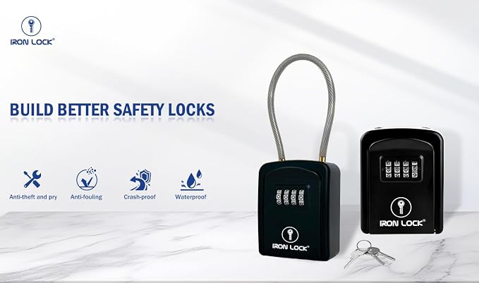 Iron Lock® Key Lock Box with Code, Portable Cable Shackle (Small, Black) | Holds 2-3 house keys or an access card; 11-in steel cable loops on gate or rail; weather-resistant; no app or battery