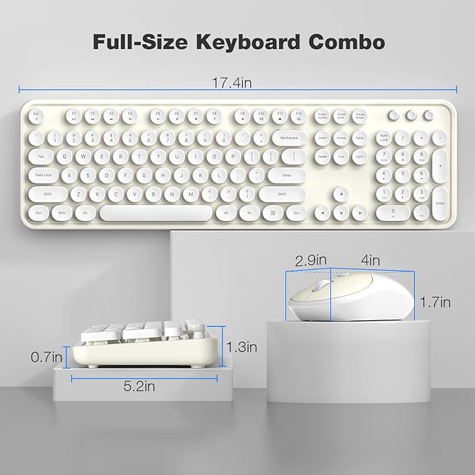 MOFII Wireless Keyboard and Mouse Combo, Computer Full Size 2.4G Plug and Play Wireless Typewriter Retro Round Keyboard and Mouse Set for Windows, Computer, Desktop, PC, Notebook - (Off White)