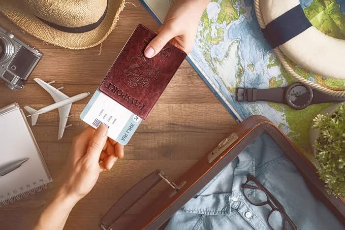 Passport Holder Cover Wallet Case RFID Blocking Leather Card Slot Travel Accessories Documents Organizer Protector for Women Men, Brown