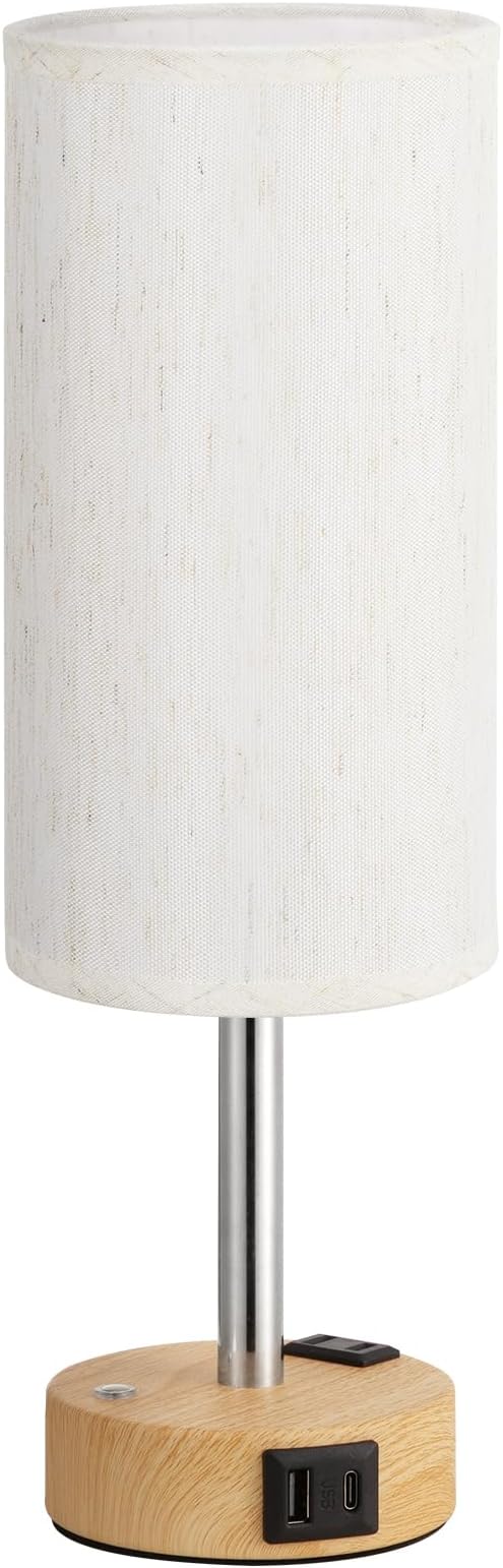 Touch Bedside Table Lamp for Bedroom, Stepless Dimmable, USB A+C, AC Outlet | Base Touch Button Only, Memory Brightness, Ultra-dim Night Light, Included Bulb for Optimal Dimming, Wood Grain Base, Nursery