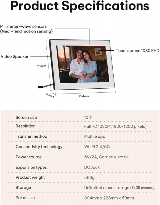 AI Magic Frame 10.1"-WiFi Digital Picture Frame with 64GB,1920 x 1200 IPS FHD Touchscreen,Motion Sensor,Dynamic AI Photo,Unlimited Cloud Storage, Gifts for Birthday/Family/Home Decor