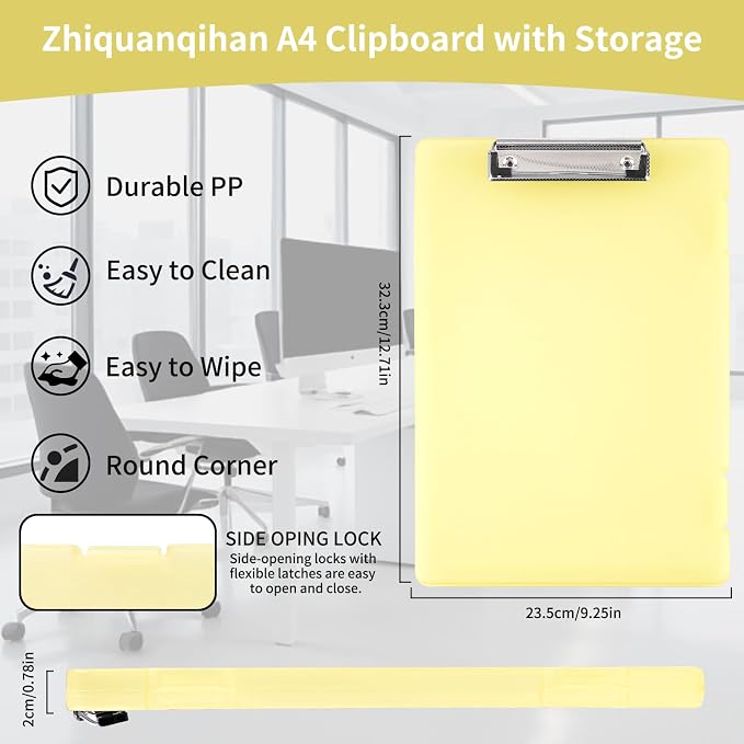 Letter Size Clipboard with Storage 8.5 * 11, Plastic Clear Yellow Clipboard File Box A4 Nursing Clip Board for School & Office with Christmas Stickers (Clear Yellow-1PCS)
