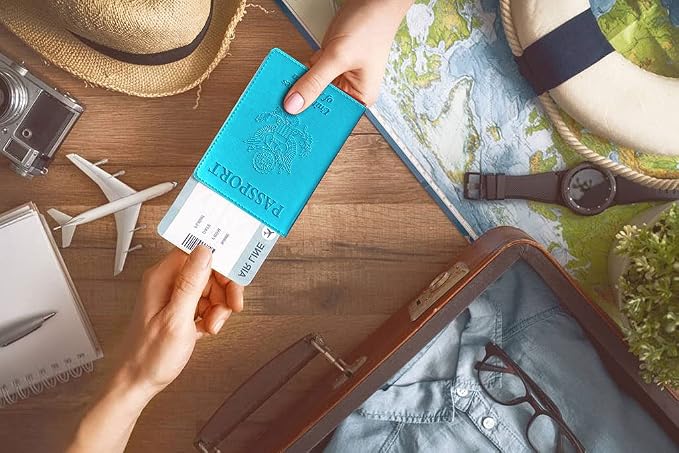 Passport Holder Cover Wallet Case RFID Blocking Leather Card Slot Travel Accessories Documents Organizer Protector for Women Men, Sky Blue