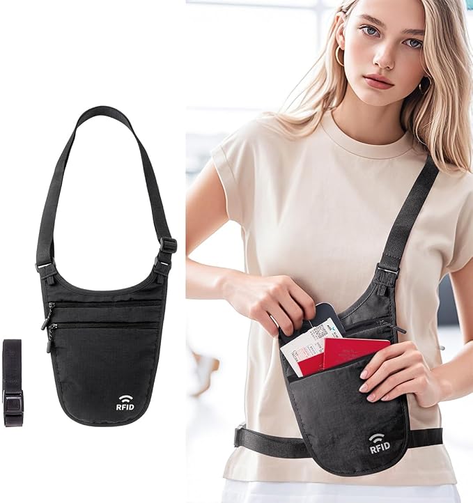 Money Belt for Travel, RFID Blocking Hidden Neck Wallet & Passport Holder | Unisex dual-strap + RFID, slim breathable, 3-compartment holds 4 passports+2 phones, durable YKK, water-resistant.