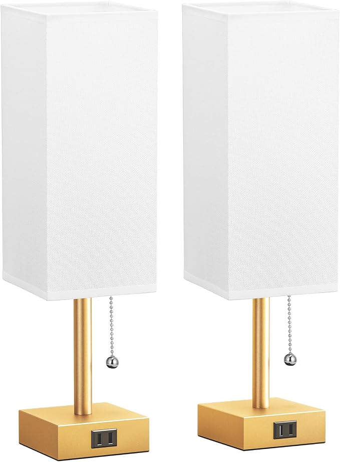 Bedside Lamp for Bedroom Set of 2 - Gold Table Lamp for Nightstand | AC Outlet, 3 Color Temperatures, LED Bulb Included, Pull Chain Design, 14" Rectangular Desk Lamp for Dorm/Office, 2-Pack