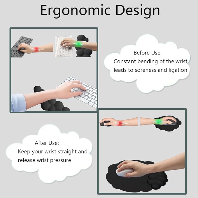 Cloud Wrist Rest Keyboard Ergonomic Wrist Pad for Keyboard and Mouse Coaster Cloud Mouse Pad Set Leather PU Non-Slip Wrist Rest Support for Computer Laptop Gaming Mac Home Office Relief Pain Black