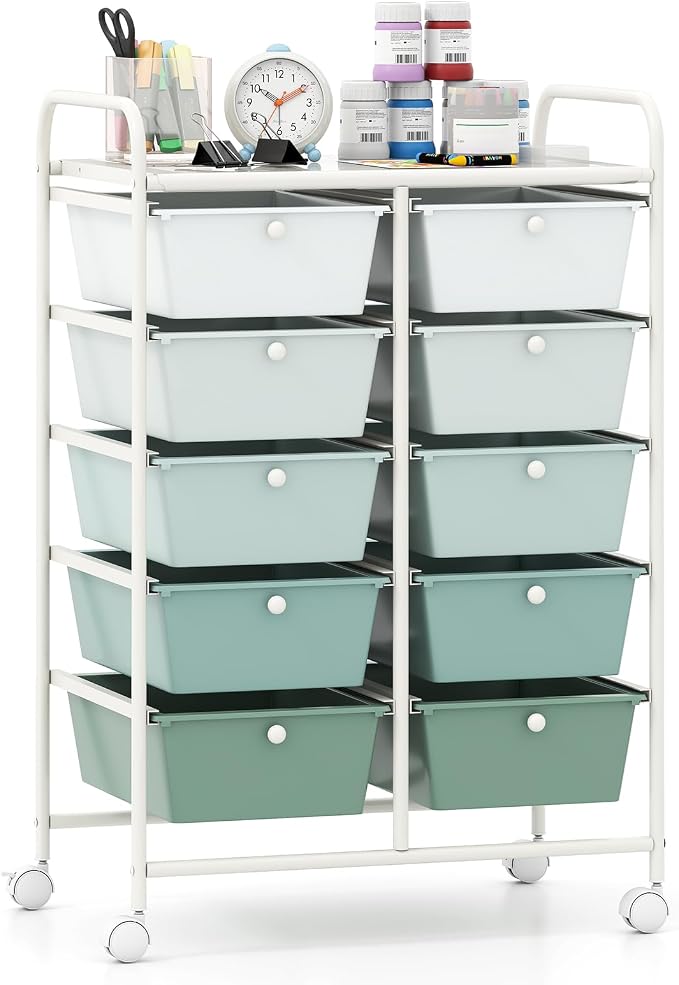 BECOMFORT 10-Drawer Rolling Cart with Drawers, Storage Cart on Wheels, Teacher Classroom Organizers with Metal Frame, Mobile Craft Cart, Trolley Utility Cart for School Office Play Room