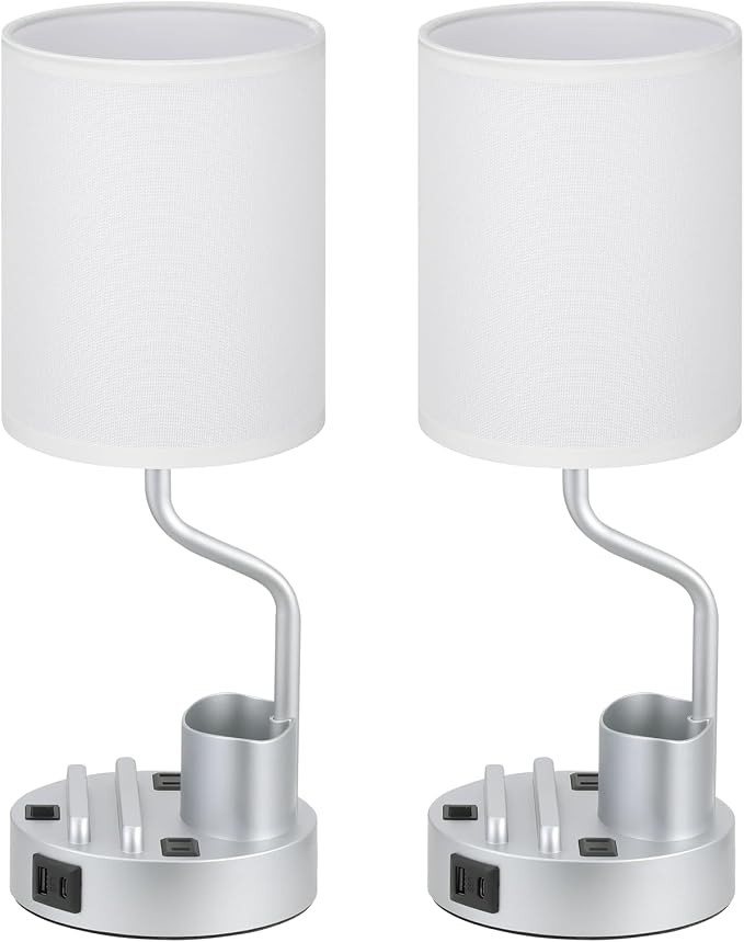 Bedside Lamps for Bedroom Set of 2 - Table Desk Lamp for Nightstand | 15" Table Lamp for Living Room with Pen Holder & Phone Stand, USB A+C Port, AC Outlet, 3 Color Temperature, LED Bulb Included