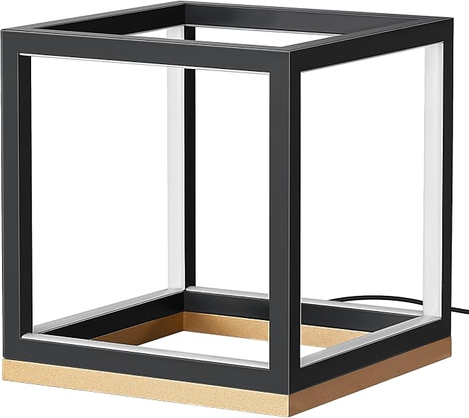 EDISHINE Modern LED Table Lamp, Minimalist Bedside Lamp for Living Room | Solid Wood Base, 3 Way Dimmable, 3000K/4500K/6000K, 470LM, Black Gold Square Geometric for Bedroom, Office