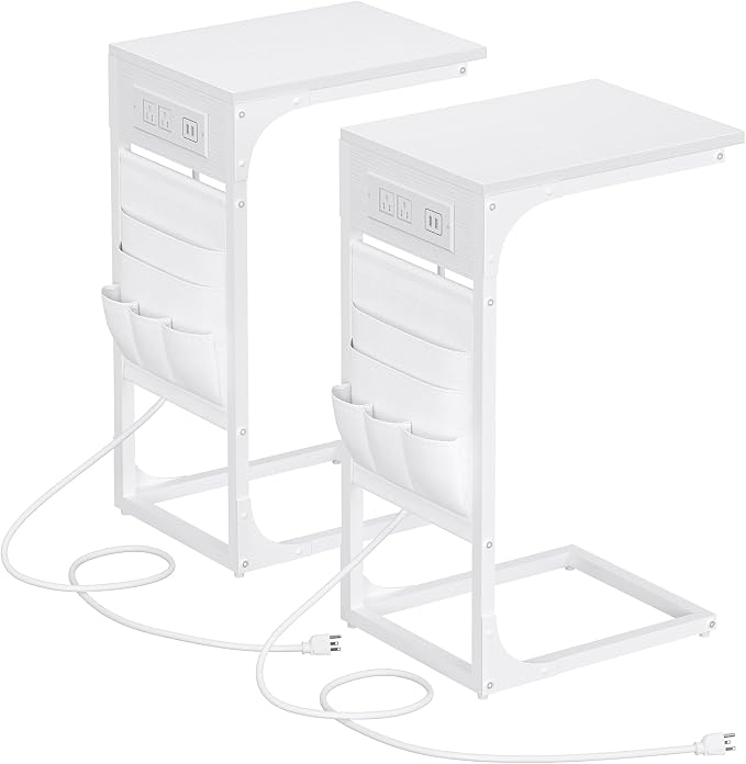 TUTOTAK C Shaped End Table with Charging Station, Side Table for Sofa | Couch Table with Storage Bag, TV Tray with 2 USB Ports and Outlets, Set of 2, Living Room and Bedroom, White TB01BW0242