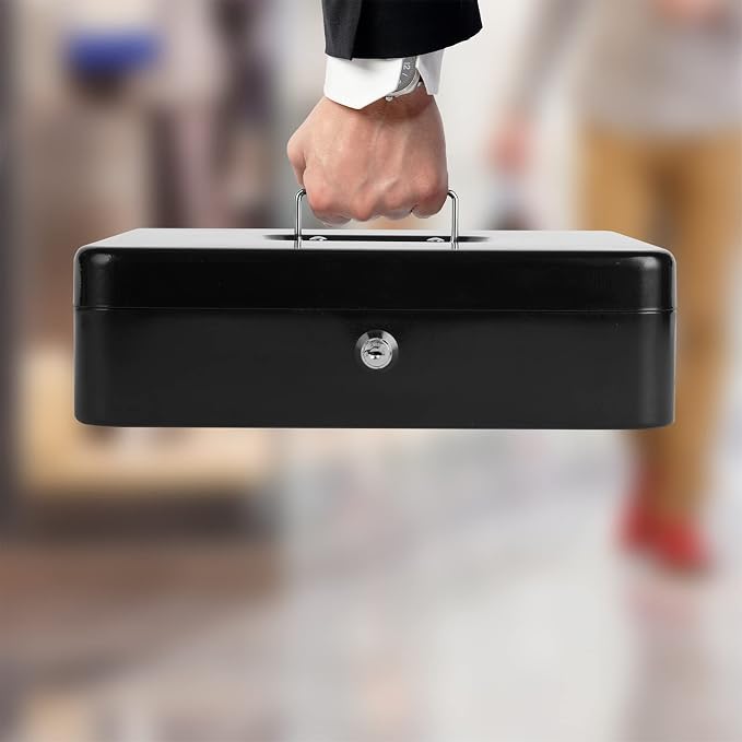 Sumerfnt Cash Box with Money Tray and Lock Money Box with Security Cable, Metal Locking Cash Box - 11.8" x 9.4" x 3.54" Black
