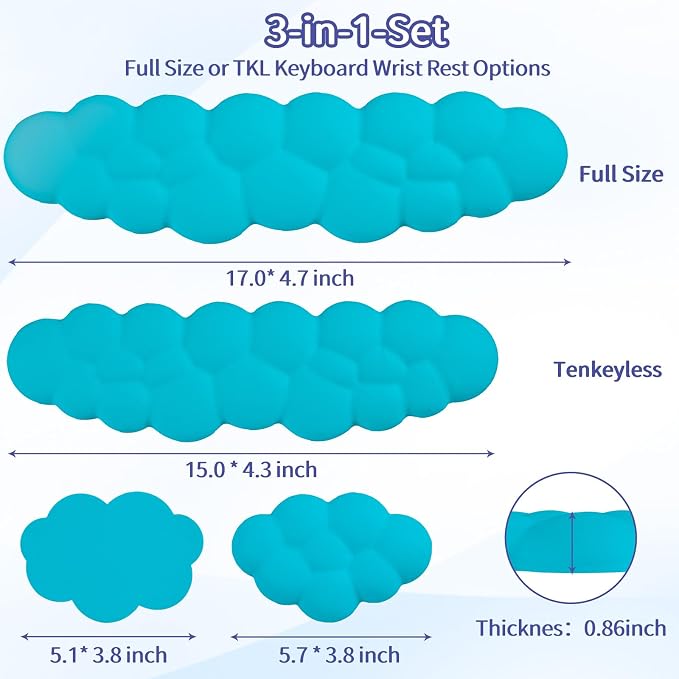 Cloud Wrist Rest Keyboard, Cloud Keyboard Wrist Pad Set with PU Leather Memory Foam, Cute Arm Rest for Palm Support, PC/Gaming Desk Accessories/Office Setup/Computer Hand Cushion - Scuba Blue