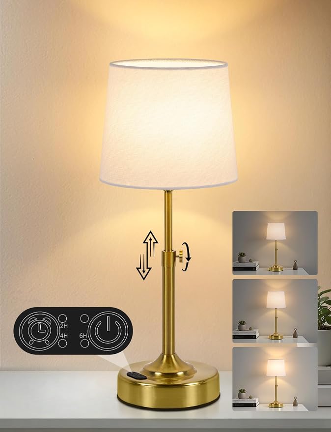 Height Adjustable Rechargeable Table Lamp with Timer, Dimmable Cordless LED Desk Lamp, 4000mAh Battery Operated Table Lamps, Gold Wireless Touch Nightstand Lamp for Kitchen Counter Coffee Table Office