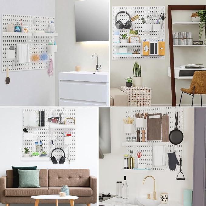 16pcs Pegboard Sets, Plastic White Peg Board Wall Organizer Kits | 4pcs Peg Board and 12 Accessories Modular Hanging Wall Mount Display Pegboard Sets for Home Office Garage Kitchen Workshop