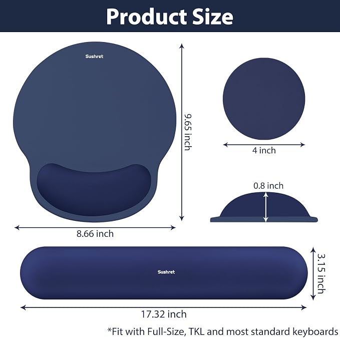 Mouse Pad and Keyboard Wrist Rest, 3-in-1 Gel Memory Foam Ergonomic Mouse Pad with Wrist Rest Set, Gaming Mousepad Arm Cushion Support for Computer Office Desk Accessories Cute Setup,Dark Blue