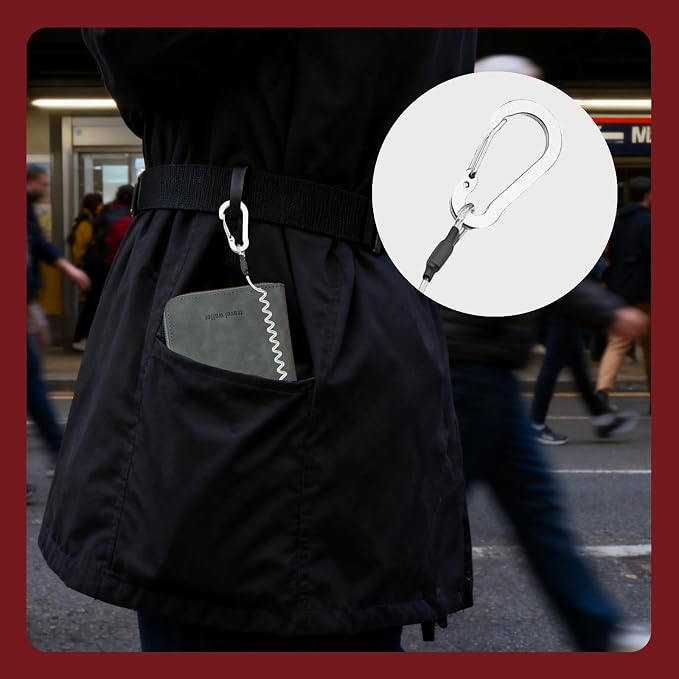 Passport Holder with Tether and Carabiner Clip to Prevent Loss and Theft, Rfid Passport Holder for Travel, Passport Cover, Wallet & Case for Men and Women (Gray - Tether and Carabiner)