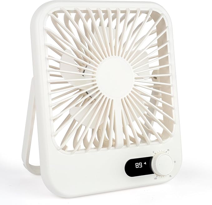 QLKUNLA 100-Speed Ultra-Quiet Desk Fan for Sleeping, 6.8" Rechargeable Portable Fan with LED Display, 180° Adjustable Head & Tripod Base - Battery/USB Powered Mini Fan for Office, Cruise, Travel