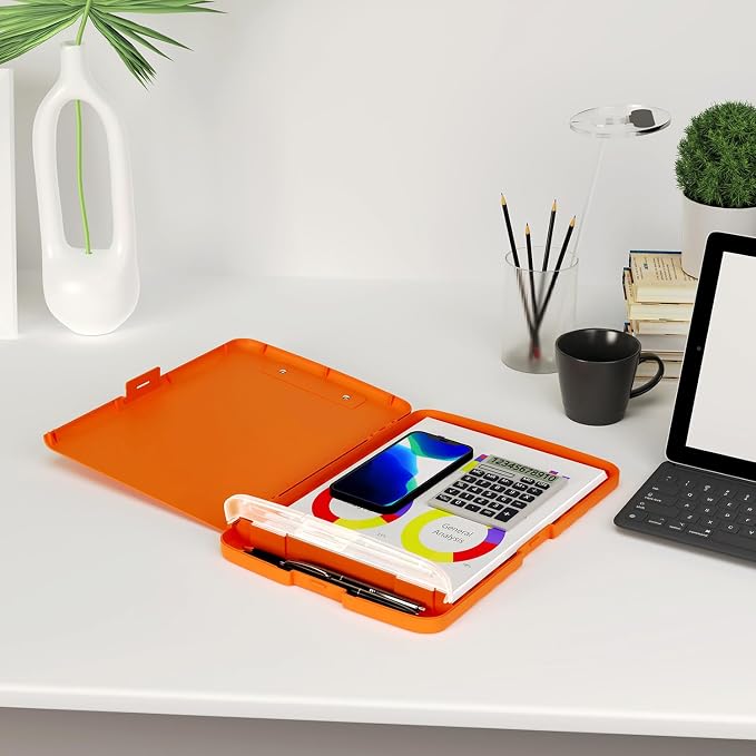 Piasoenc Clipboard with Storage, 8.5 x 11 Clip Board with Pen Holder, Orange